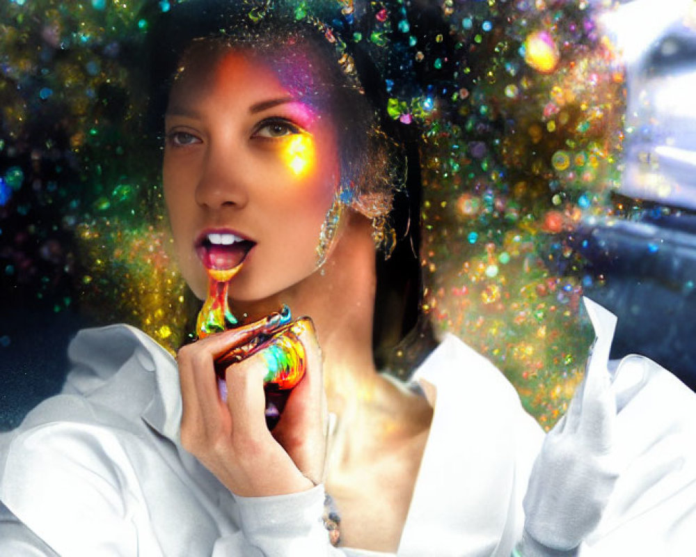Cosmic aura woman with iridescent perfume bottle in urban backdrop