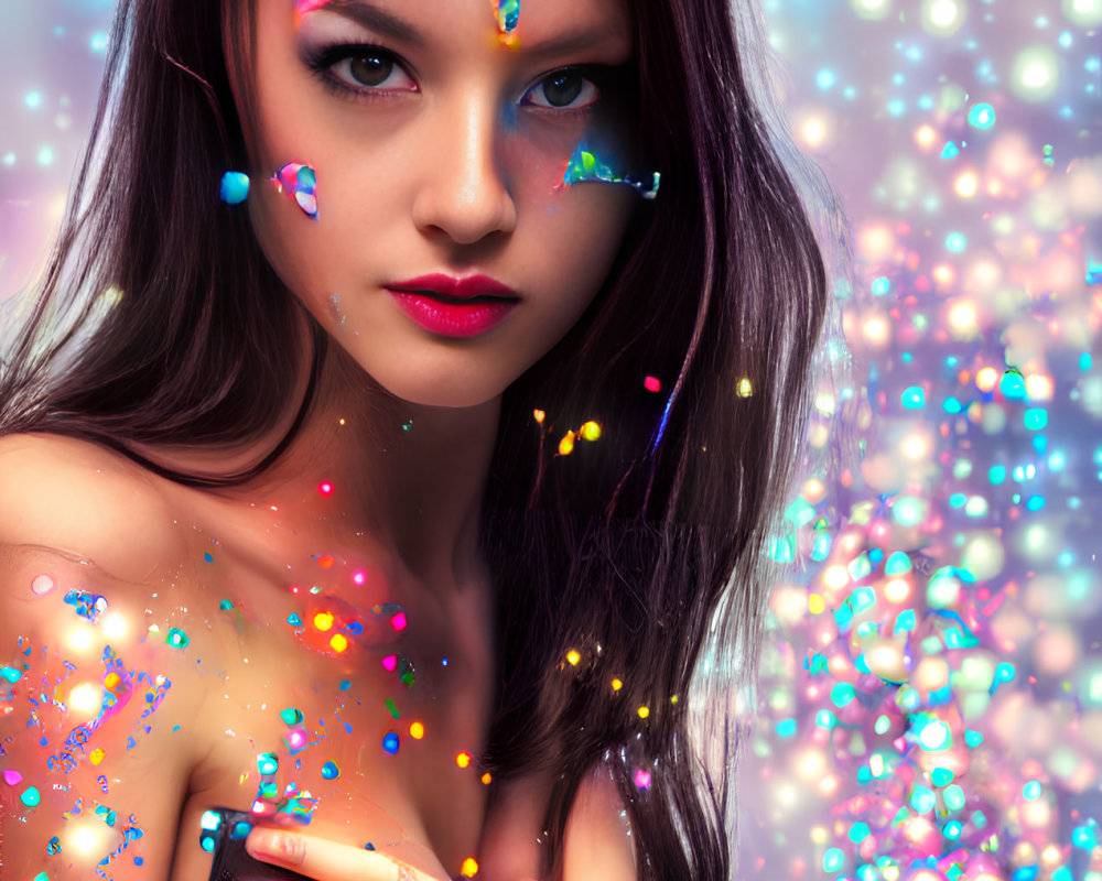 Woman with vibrant face paint and glitter on sparkling bokeh background