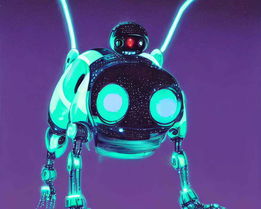 Futuristic neon blue spherical robot with glowing eyes on purple background