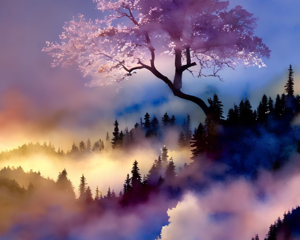 Solitary tree in misty landscape with blue and orange hues.