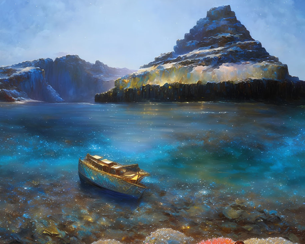 Tranquil seascape with boat, coral, and snow-capped mountain