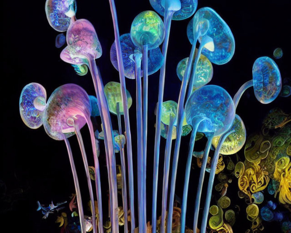 Vibrant glass jellyfish sculptures with glowing caps and long tendrils on aquatic-themed background