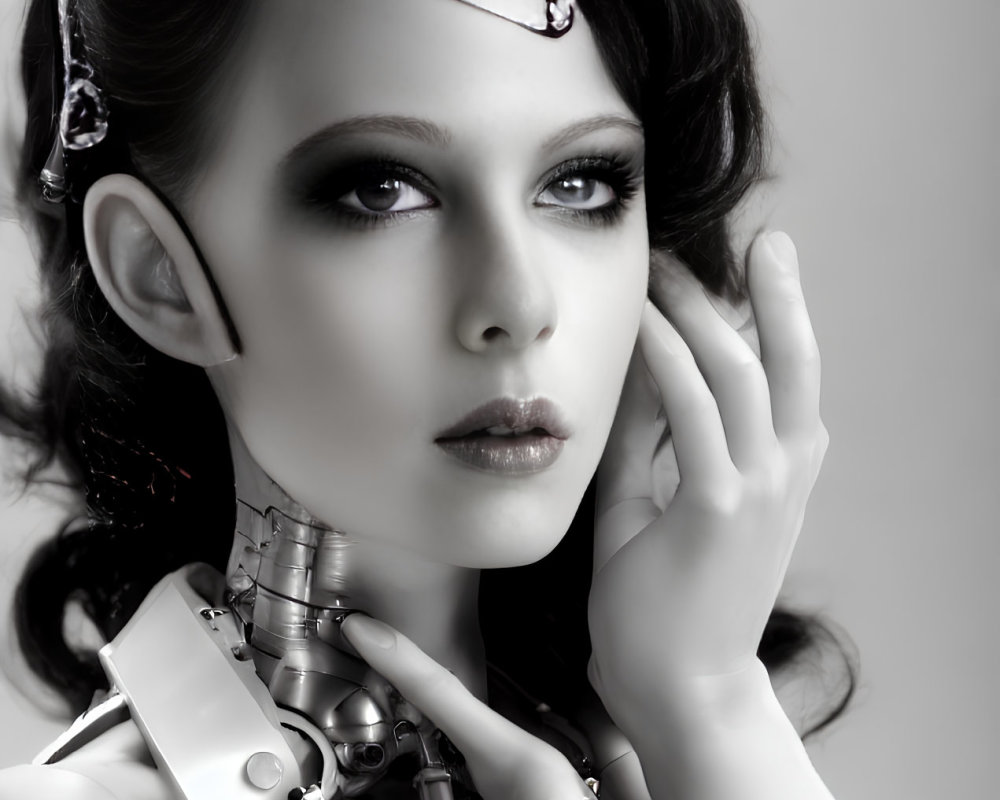 Monochrome image of woman with futuristic cyborg design