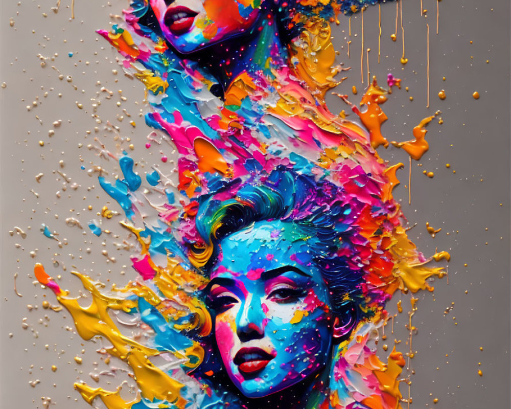 Colorful Abstract Portrait of Two Women with Paint Splashes