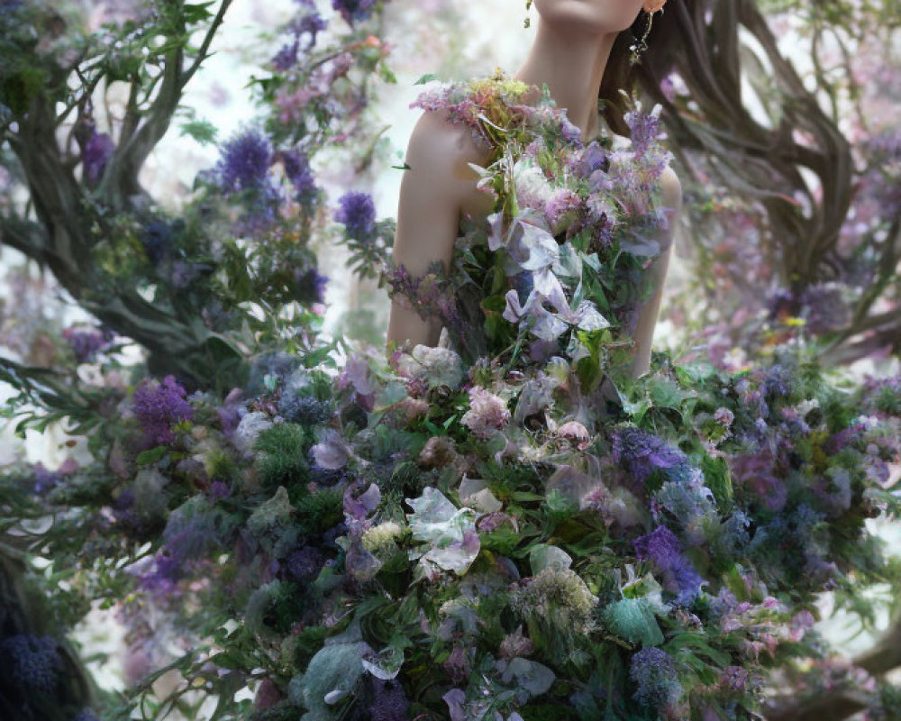 Woman in purple and white flower dress standing in blooming garden
