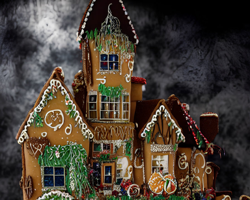 Festive gingerbread house with icing, candies, and snow on dark background