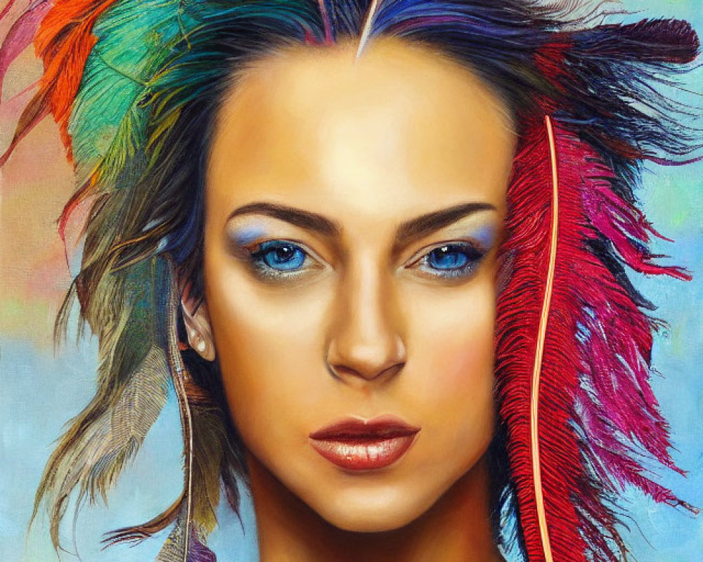 Colorful portrait of a woman with blue eyes and feather headdress