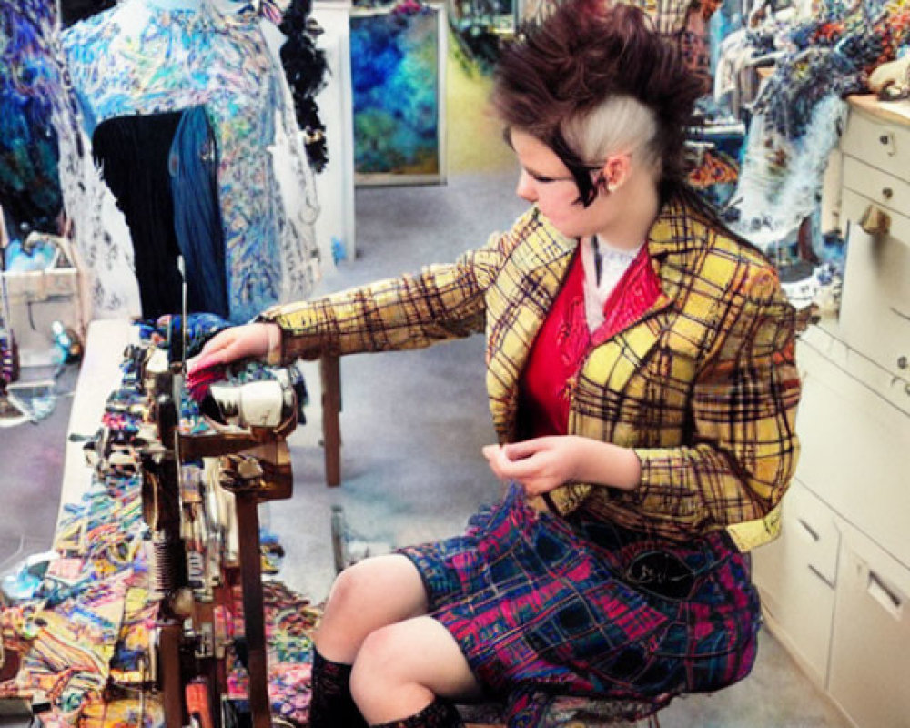 Person sewing in vibrant textile shop with unique hairstyle and colorful fabrics