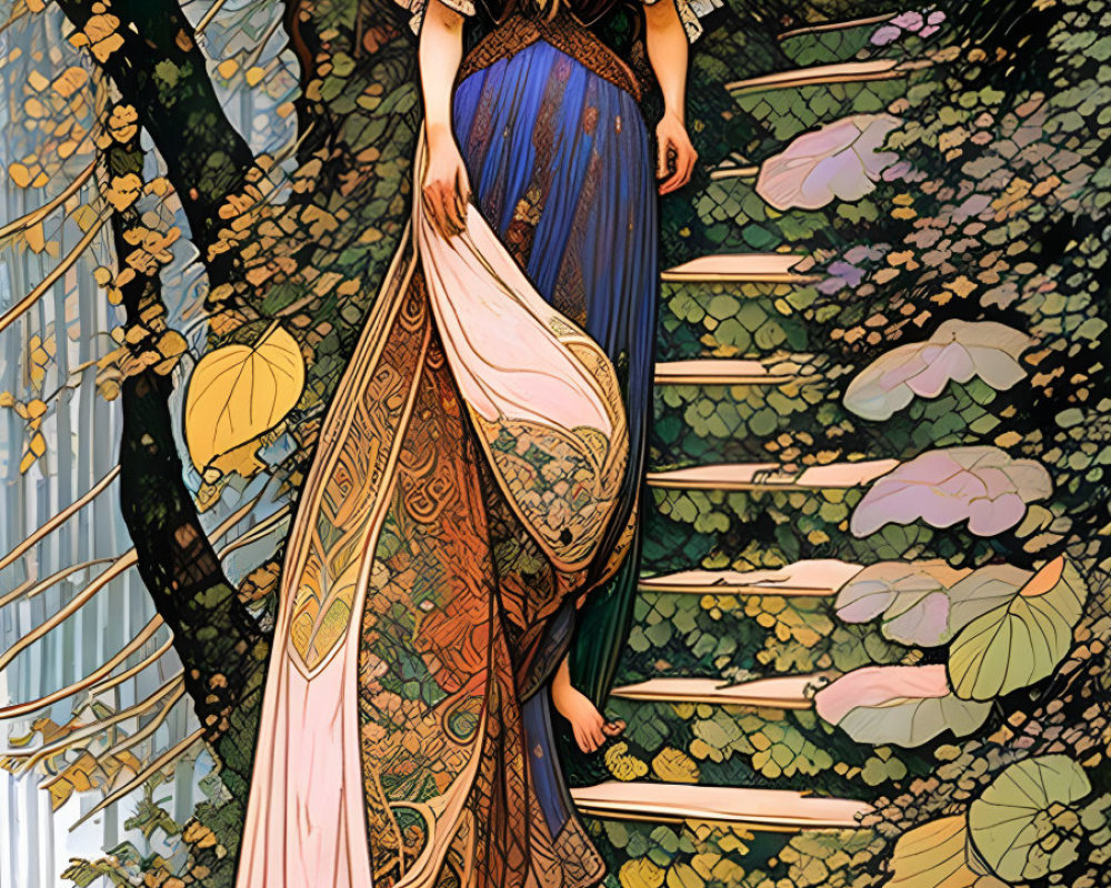 Elegant Art Nouveau style woman walking in flowery forest path