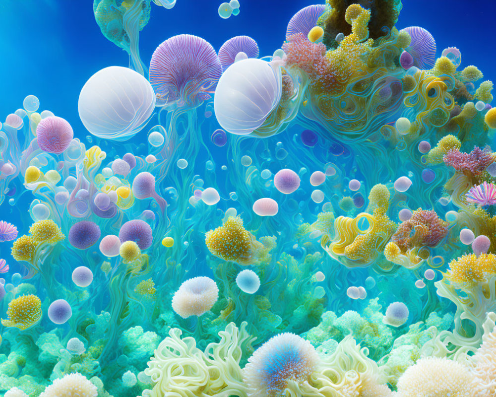 Colorful coral formations and marine life in deep blue ocean