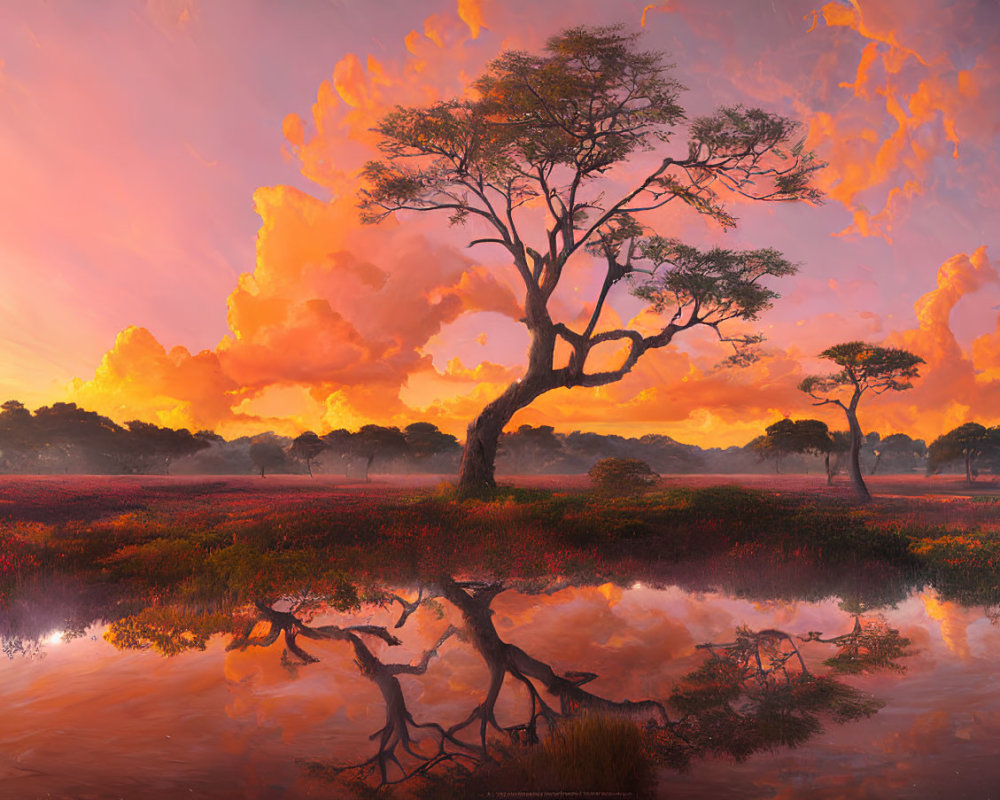 Vibrant landscape with lone tree, fiery sky, and red foliage