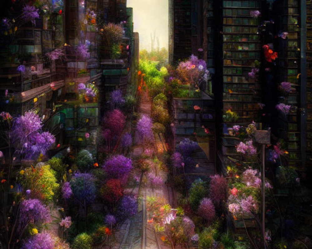 Futuristic cityscape with diverse flora under dusky sky