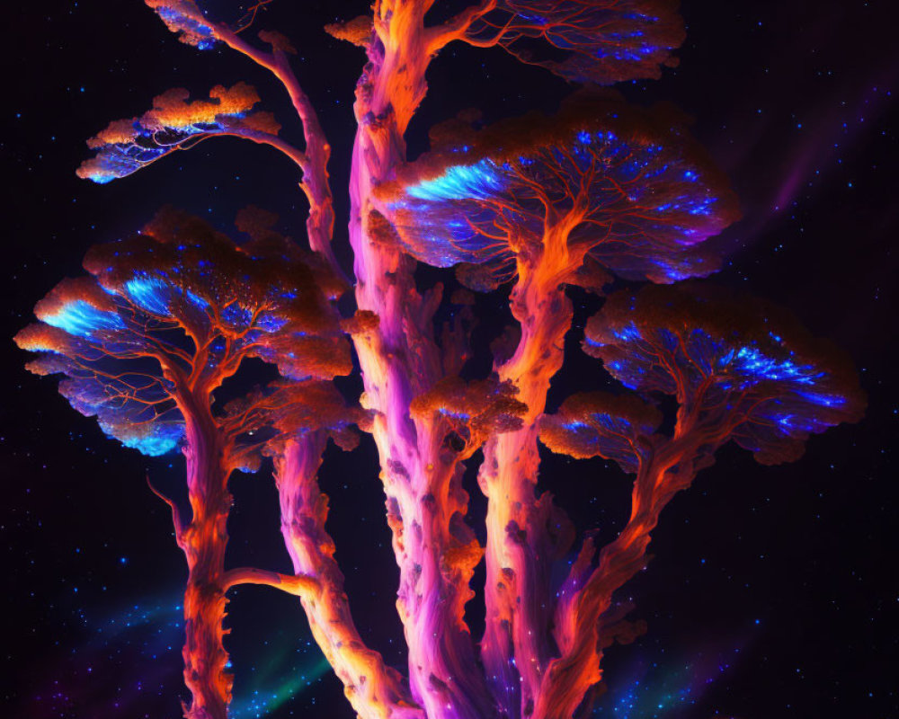 Colorful neon tree against starry night sky in orange, purple, and blue hues