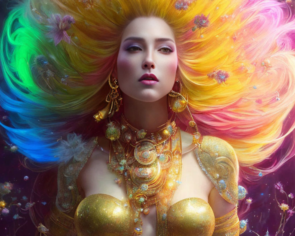 Vibrant woman with multicolored hair and gold jewelry on cosmic background