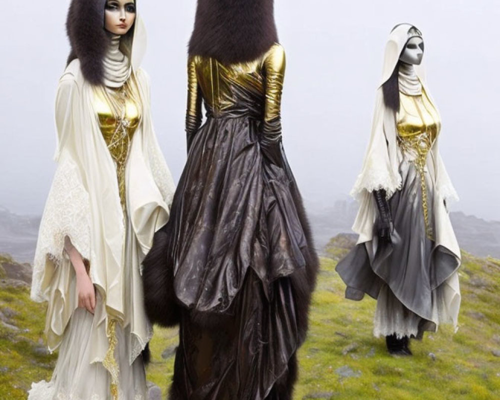 Avant-garde figures in futuristic robes, masks, and headdresses in foggy landscape