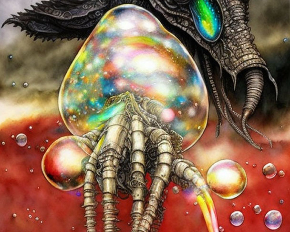 Dragon-like creature with metallic tentacles holding a multicolored orb and bubbles