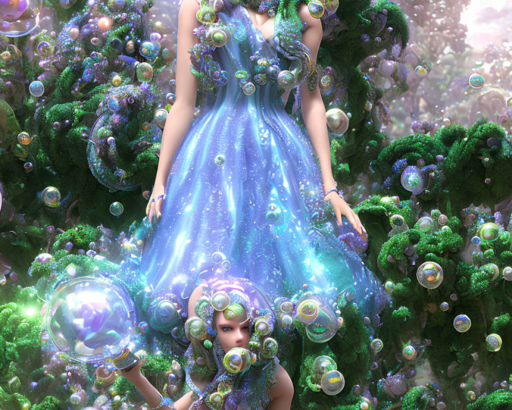 Ethereal figures in sparkling bubble dresses in lush, fantastical setting