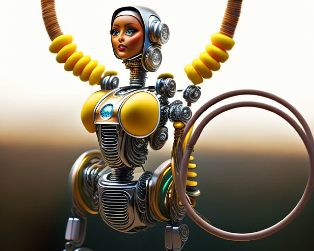 Futuristic robotic figure with female-like face and mechanical parts in blurred background