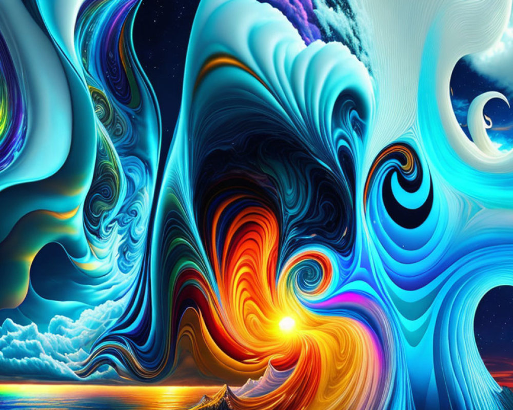 Abstract digital artwork with swirling sky, water, and light elements