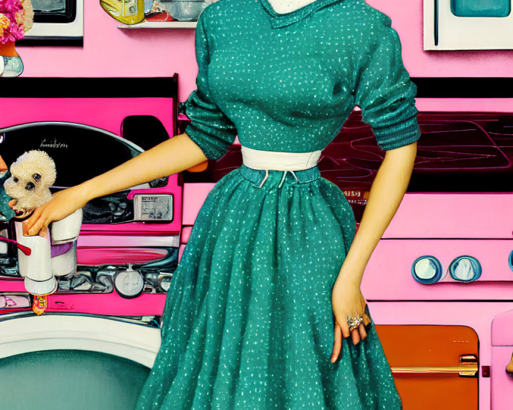 Vintage teal polka-dot dress woman in retro kitchen with pink stove, fridge, and cabinets.
