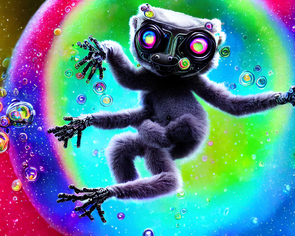 Imaginative creature with robotic arms and eyes in colorful, psychedelic setting