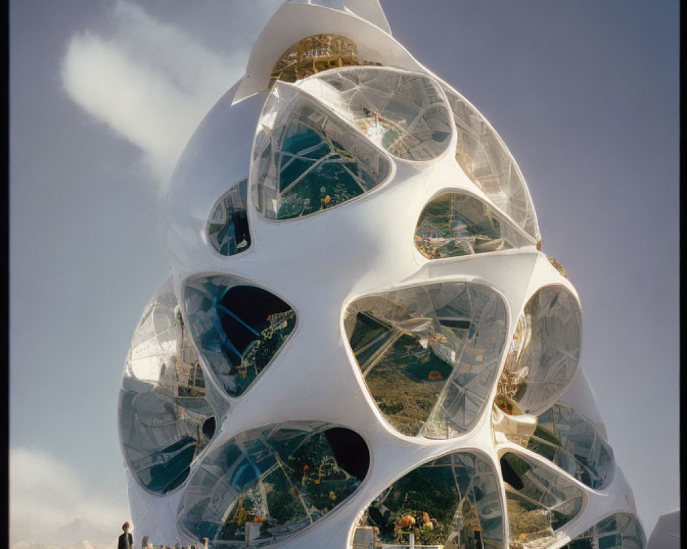 Organic futuristic building with reflective windows, person, and children against clear sky.