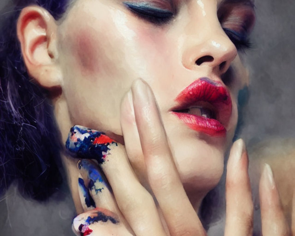 Person with Closed Eyes Wearing Red Lipstick and Blue Eye Shadow Resting Chin on Hand with Color
