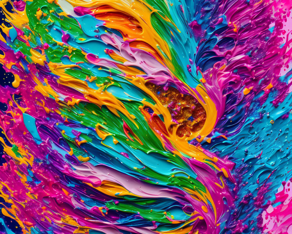 Colorful Abstract Painting with Dynamic Swirl of Pink, Yellow, Green, and Blue Hues