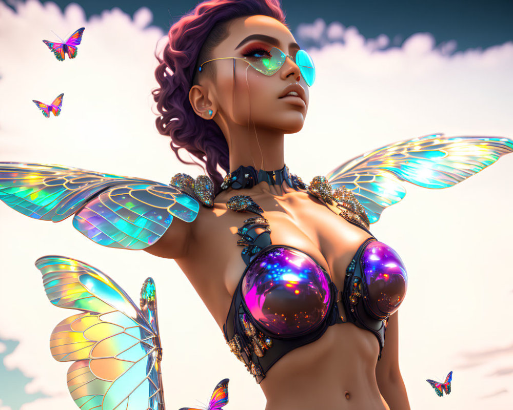 Stylized image of woman with purple hair and butterfly wings surrounded by butterflies under cloudy sky