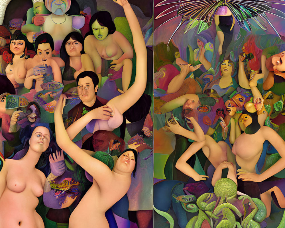 Surreal diptych featuring cartoonish human figures and fantastical elements.