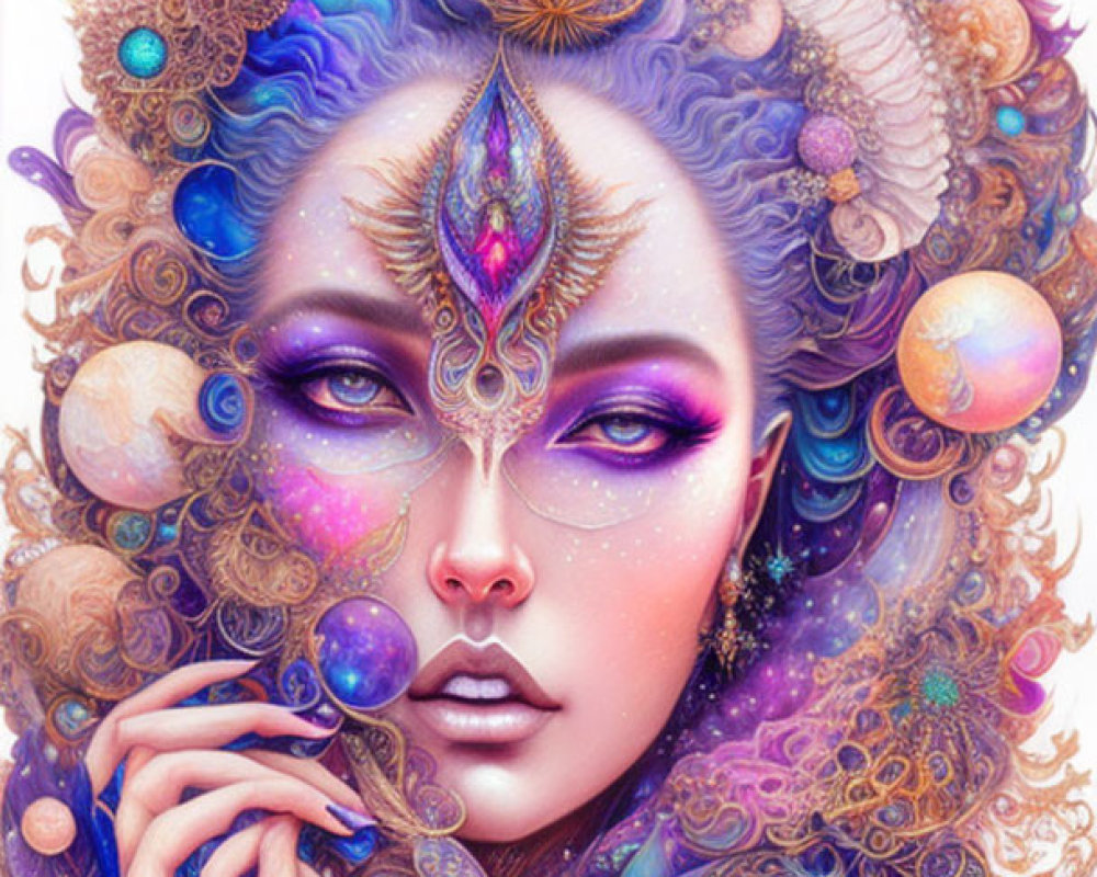Vibrant psychedelic artwork of a cosmic woman with floral and jewel elements