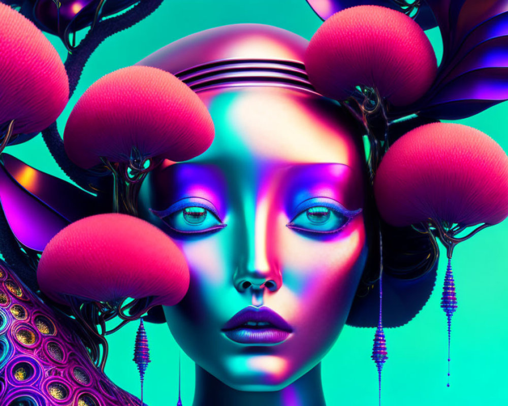 Metallic-skinned female in surreal setting with vibrant colors
