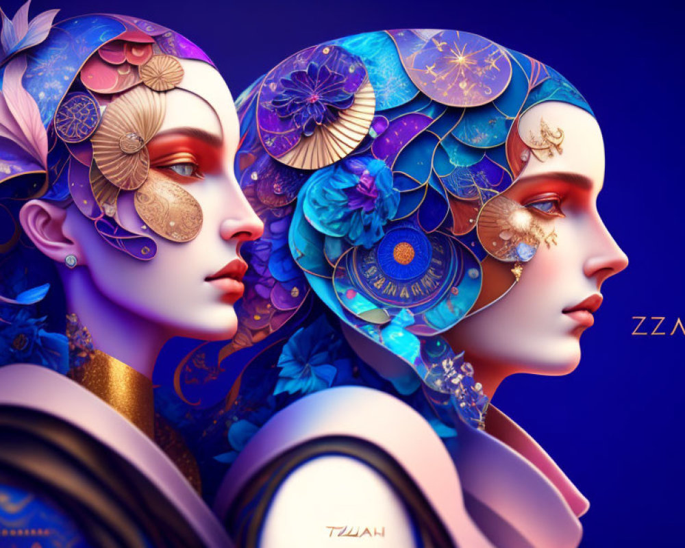 Stylized illustrated faces with metallic and floral details on blue-purple background