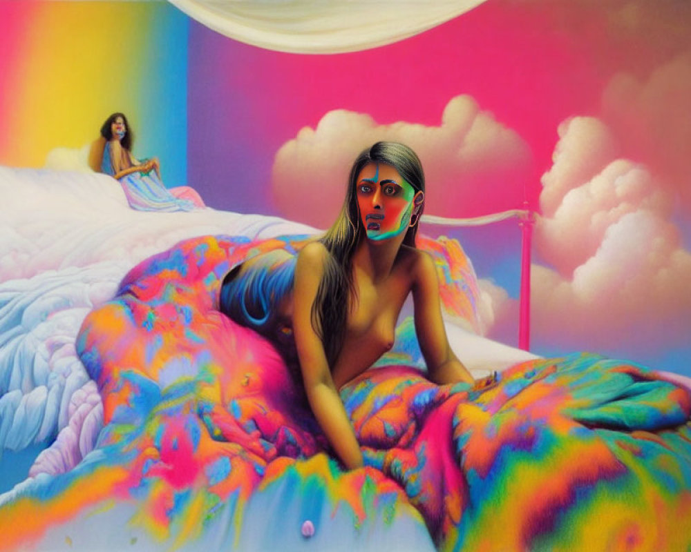 Vibrant surreal image of two women in dreamlike bedroom