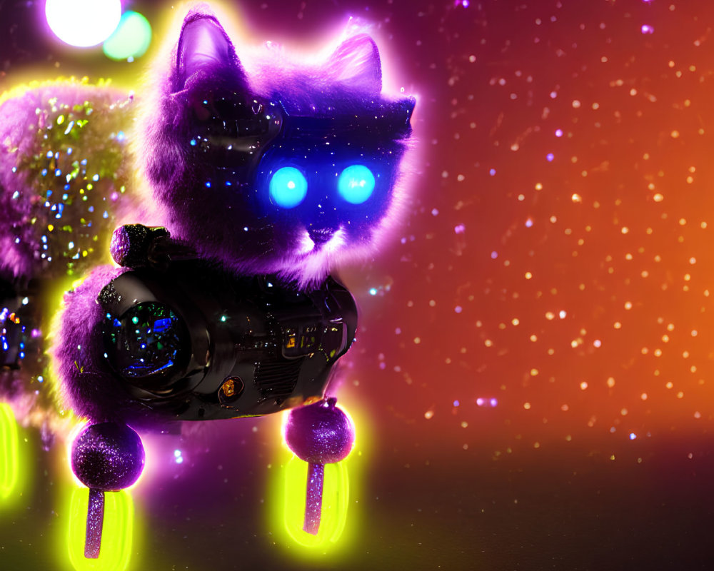 Glowing purple cosmic cat with blue eyes in space with camera and green orbs