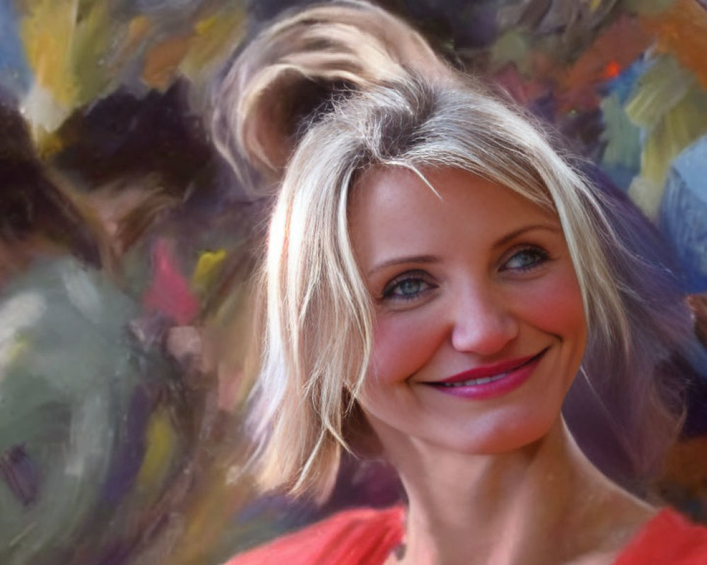 Blonde Woman Smiling in Red Top with Impressionistic Background
