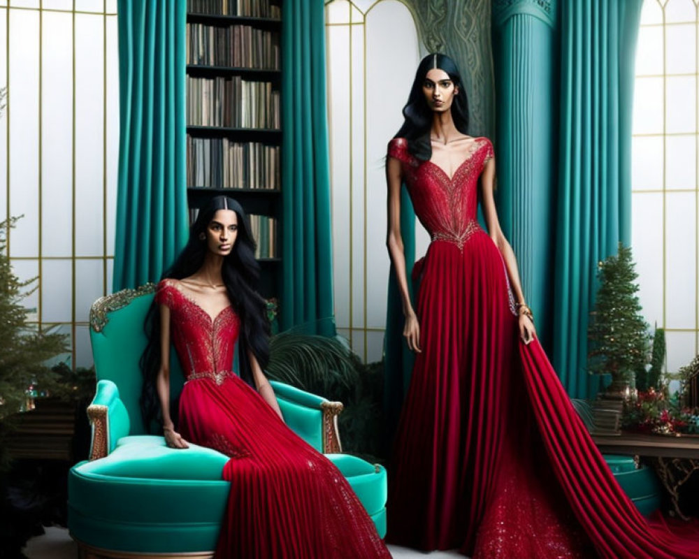 Mannequins in elegant red dresses in luxurious Christmas-themed room