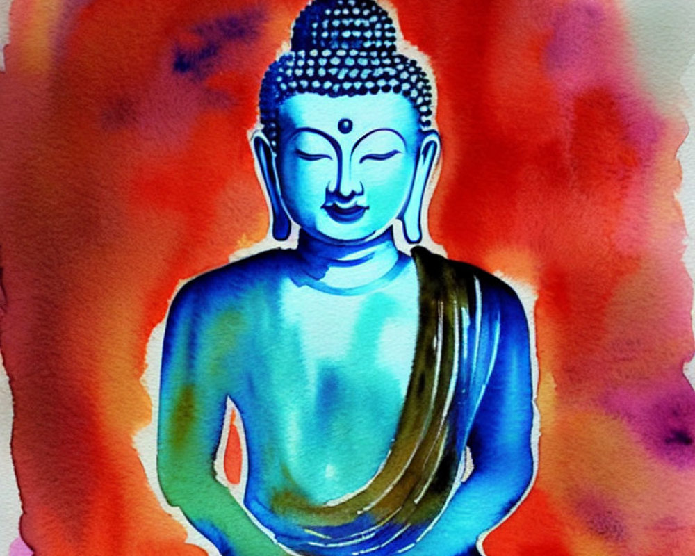 Vivid watercolor painting of meditating Buddha in blue hues on warm, colorful background