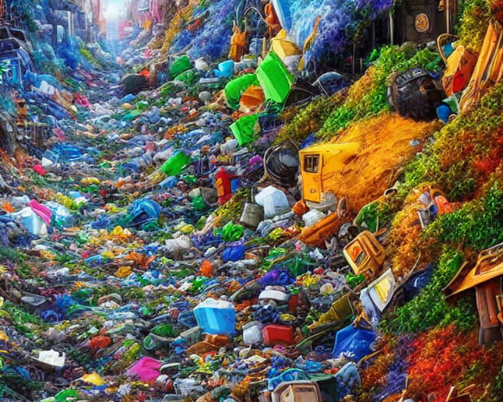 Colorful Cluttered Alleyway Overflowing with Trash under Clear Blue Sky