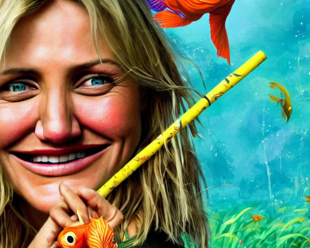 Smiling woman with colorful fish and pencil in underwater scene