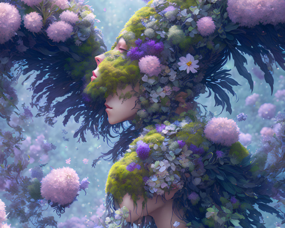 Woman merged with floral landscape in surreal image