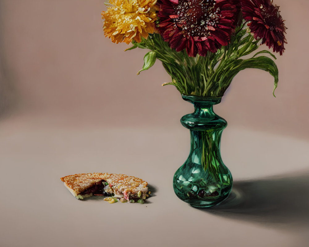 Green vase with vibrant flowers and slice of pie in still life composition