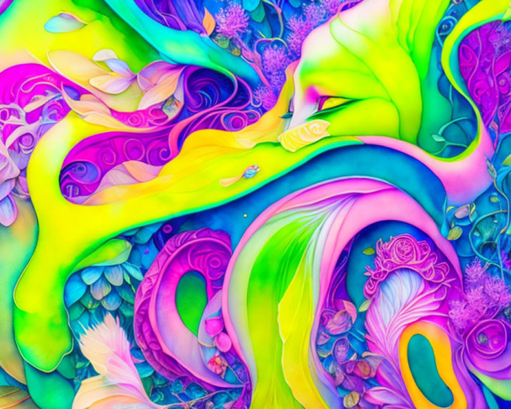 Colorful Abstract Art with Swirling Neon Patterns & Nature Elements