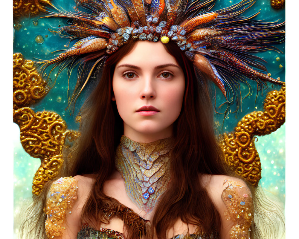Woman with ornate peacock feather headdress in golden fractal patterns on teal background