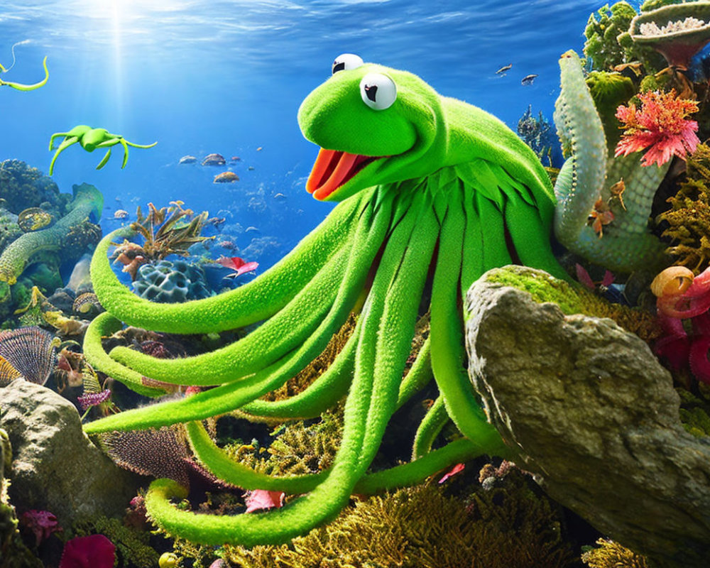 Octopus with green puppet character head in vibrant underwater scene