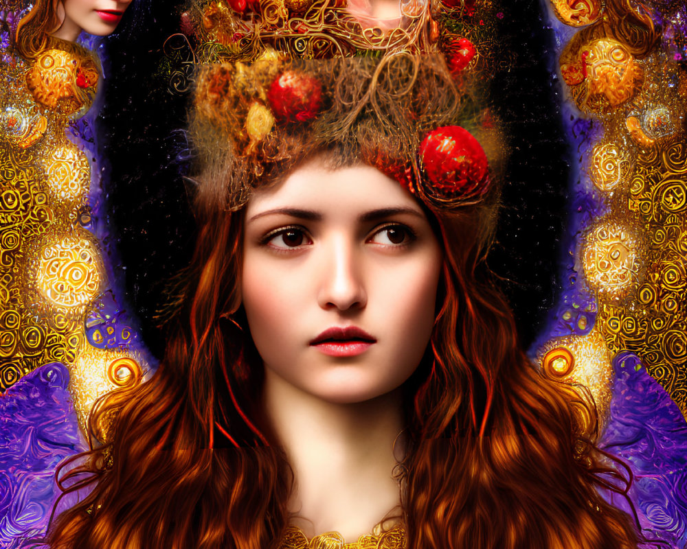 Red-haired woman in surreal cosmic portrait with golden motifs.