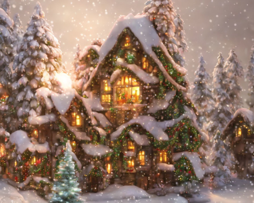 Snowy log cabin decorated with Christmas lights in twilight snowfall