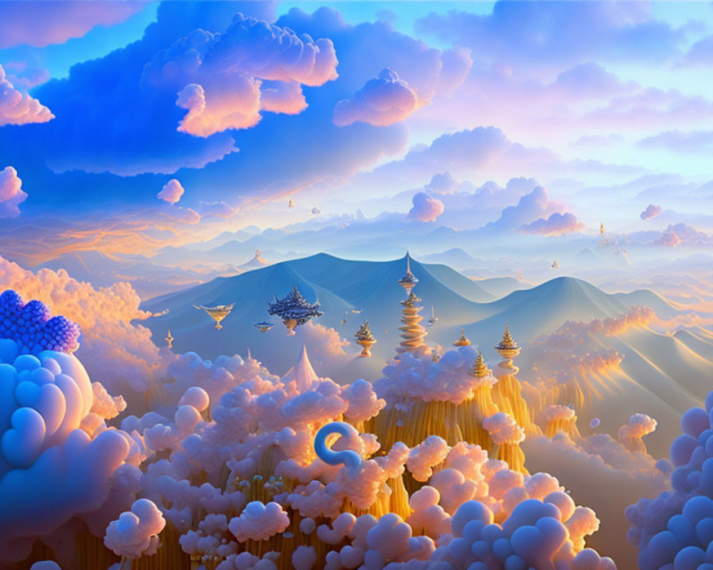 Colorful Fantasy Landscape with Floating Islands and Mountain Peaks
