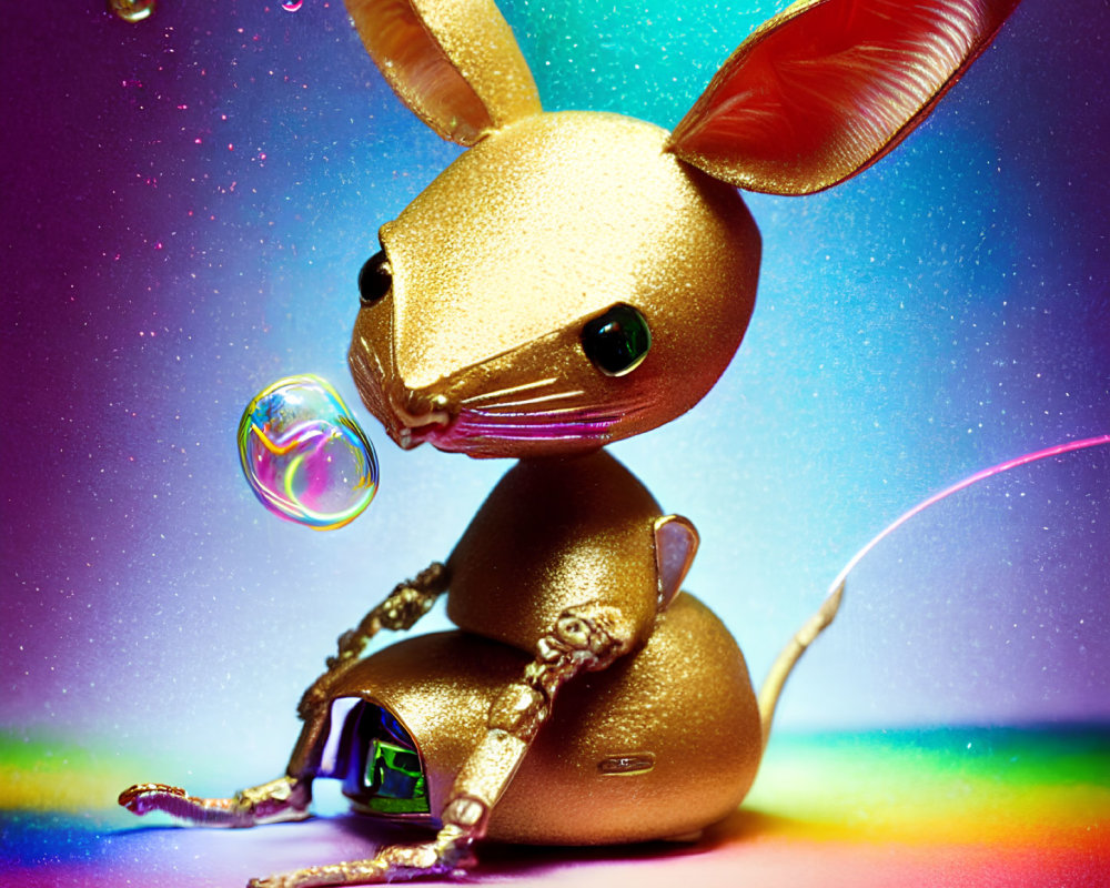 Golden Metallic Mouse Sculpture with Black Eyes on Colorful Bokeh Background