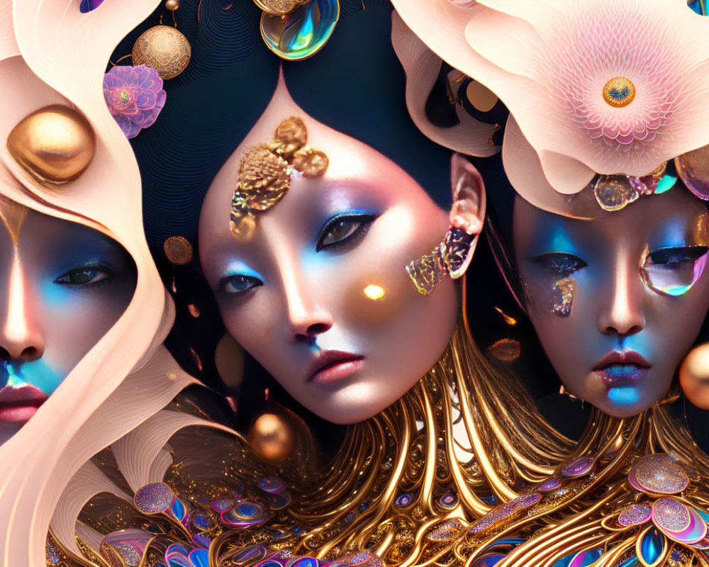 Stylized faces with golden jewelry and intricate patterns on dark background